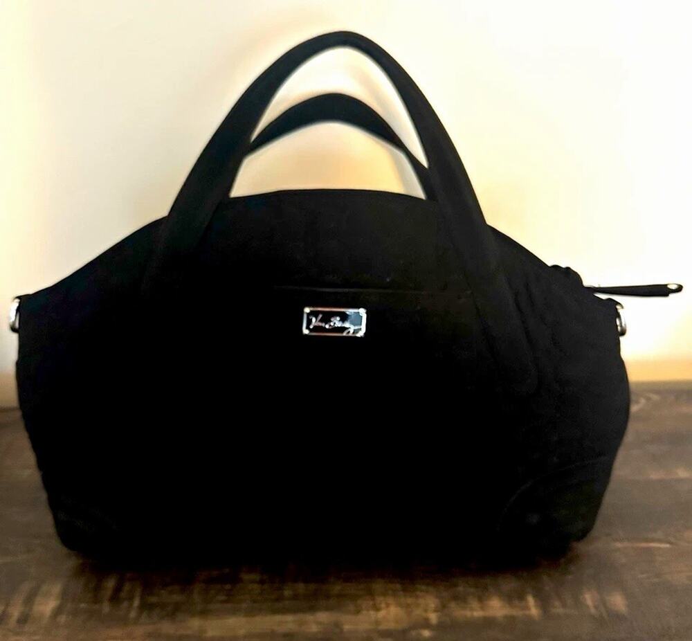 Vera Bradley Black Quilted Microfiber Satchel Shoulder Bag Floral Lining